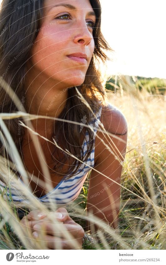 meadow Woman Human being Nose Mouth Lie Meadow Relaxation Summer Spring Dress Grass Loneliness Close-up Sun Sunbeam Day Sunlight To enjoy Delightful Profile
