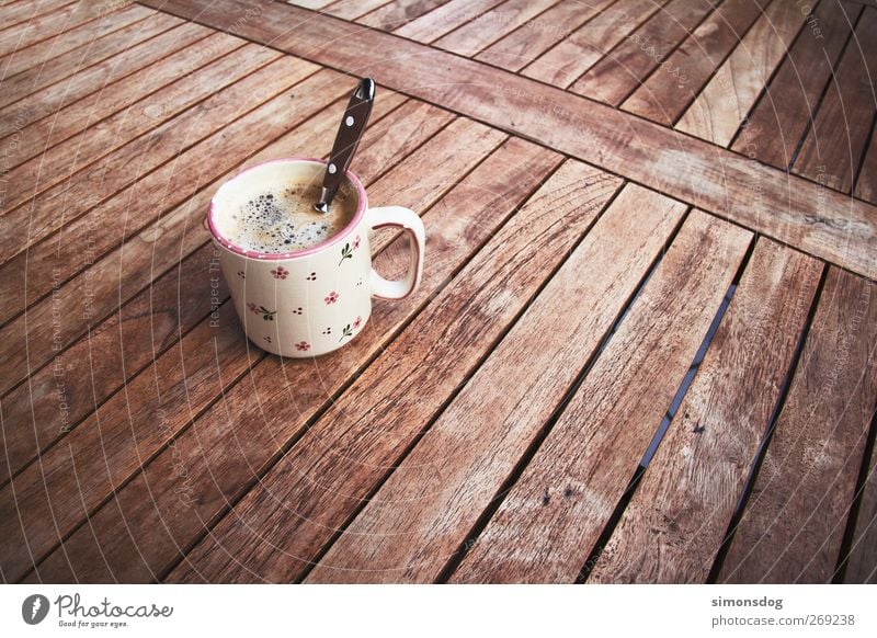 good coffee Breakfast To have a coffee Beverage Drinking Hot drink Coffee Cup Spoon Relaxation To enjoy Senses Coffee cup Delicious Debauchery Wooden table