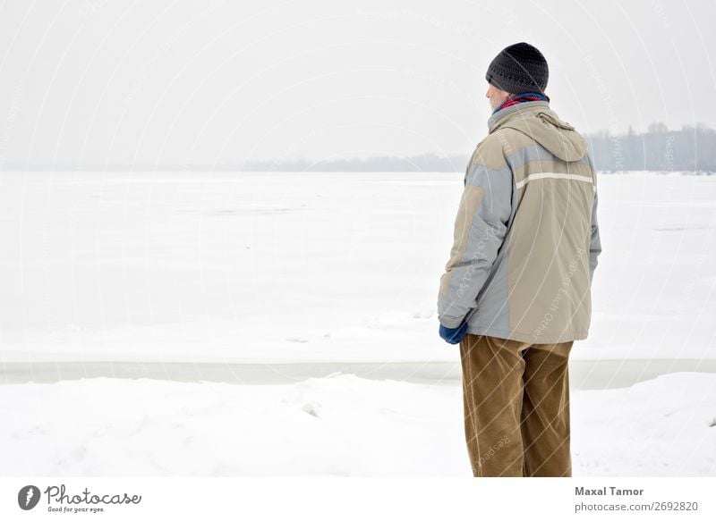 Man Close to the Frozen River in Winter Snow Human being Adults Nature Landscape Tree Pants Jacket Coat Old Observe Natural Gray Emotions Dnieper Kiev Ukraine