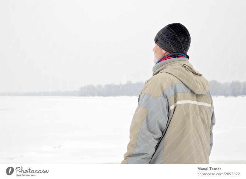 Man Close to the Frozen River in Winter Snow Human being Adults Nature Landscape Tree Jacket Coat Old Observe Natural Gray Emotions Dnieper Kiev Ukraine back