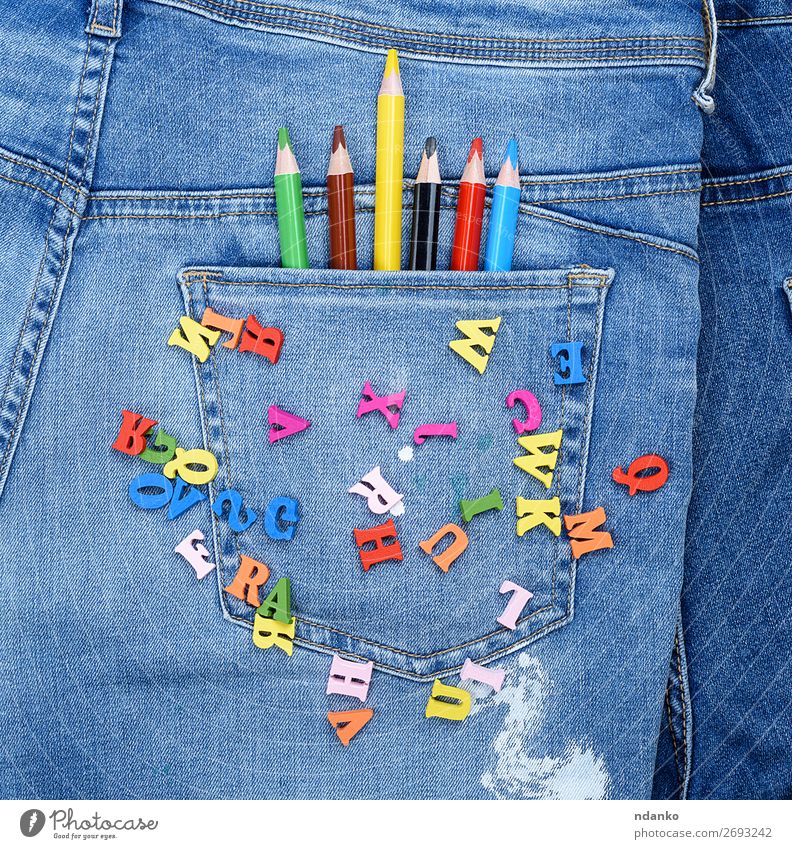 multicolored wooden letters of the English alphabet Design Education School Jeans Cloth Pen Wood Write Study Bright Blue Multicoloured Yellow Green Red Colour