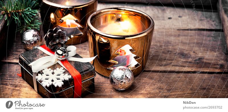 retro christmas decorations with christmas holiday candlestick gift box fire xmas winter year new celebration ornament festive bauble shiny postcard dark toy