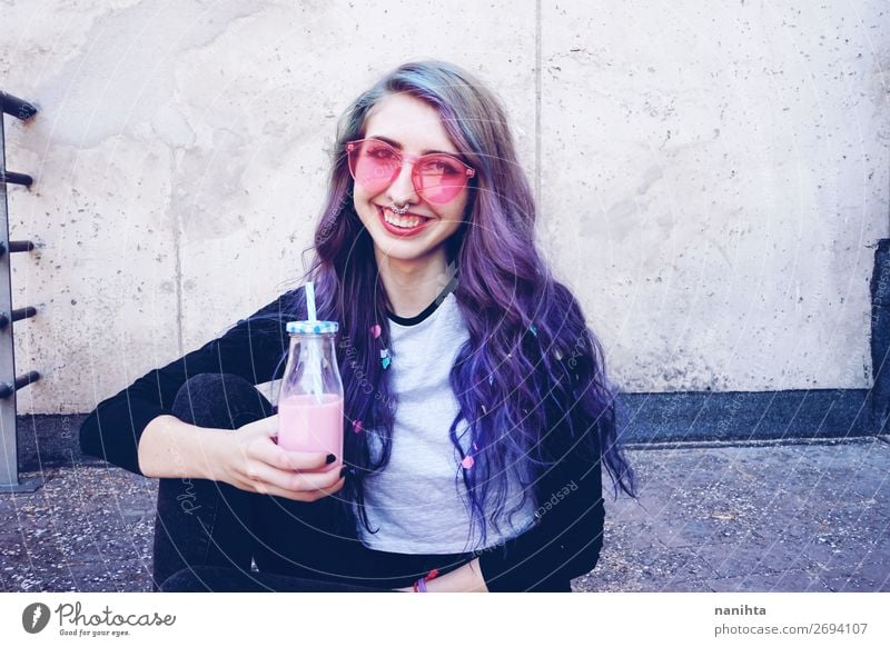 Happy beautiful teen with pink sunglasses Beverage Bottle Lifestyle Style Beautiful Summer Party Feasts & Celebrations Human being Feminine Young woman