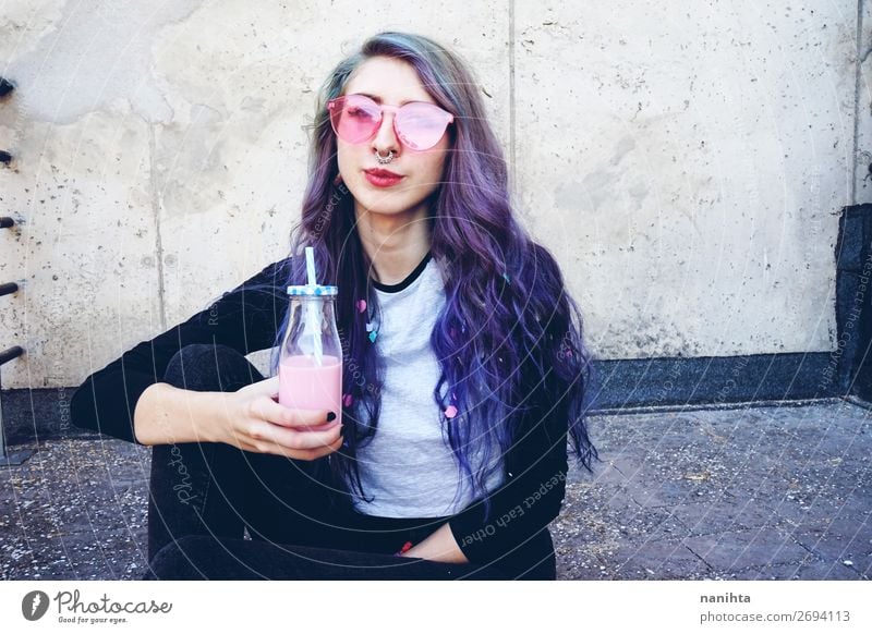 Happy beautiful teen with pink sunglasses Beverage Bottle Lifestyle Style Beautiful Summer Woman Adults Youth (Young adults) Youth culture Fashion Piercing