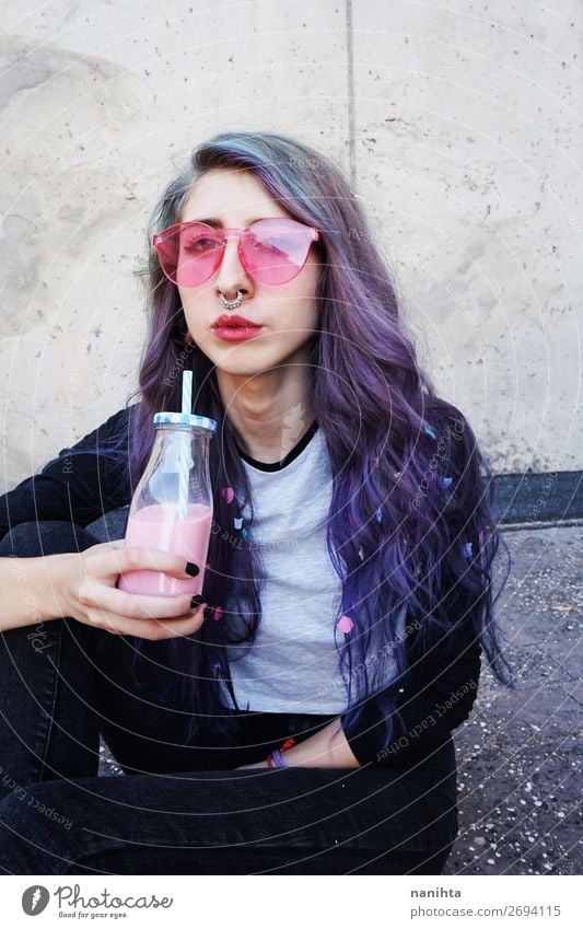 Happy beautiful teen with pink sunglasses Beverage Bottle Lifestyle Style Beautiful Summer Human being Feminine Young woman Youth (Young adults) Woman Adults 1