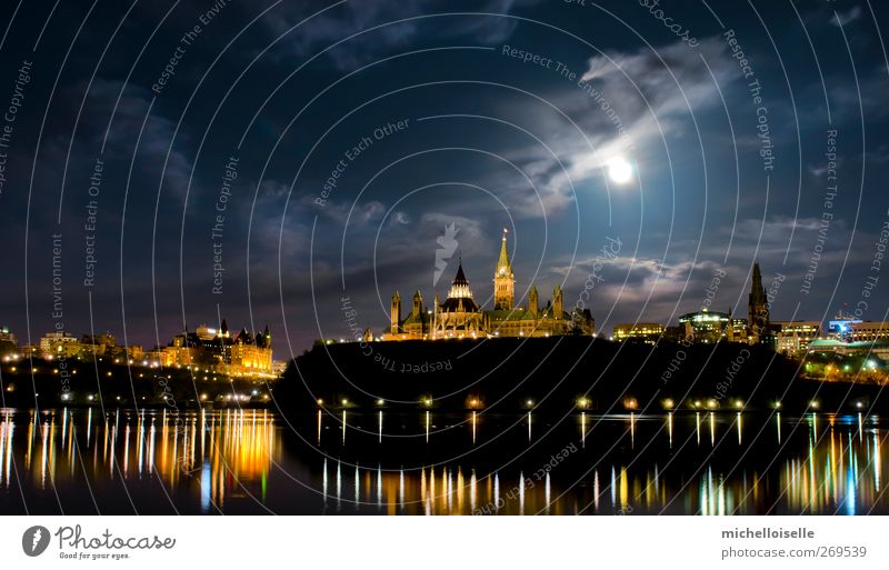 Political Glow Clock Library Clouds Hill Town Skyline Castle Architecture Blue Colour Peace Politics and state Canada canadian parliament Maple leaf super moon