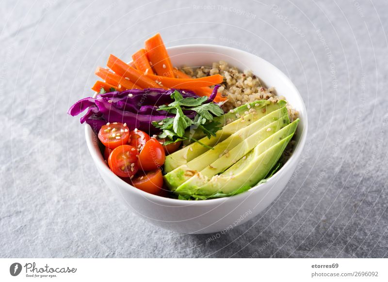 Vegan Buddha bowl with fresh raw vegetables and quinoa Bowl Vegetable Avocado Onion Tomato Carrot Cabbage Healthy Eating Food photograph Raw Vegan diet Fresh