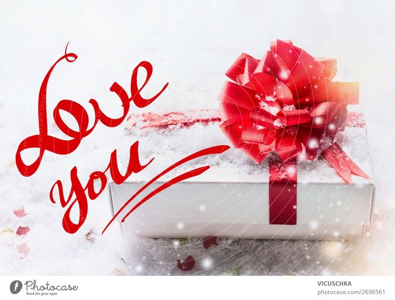 Love you Text with white gift box and red ribbon Style Design Decoration Party Feasts & Celebrations Valentine's Day Bow Heart Flag Emotions Card Gift Red Blur