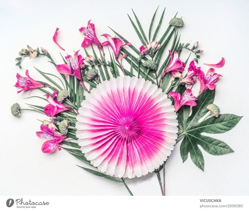 Tropical Flowers Composing Style Design Wellness Vacation & Travel Summer Nature Plant Leaf Oasis Decoration Bouquet Green Pink White Background picture