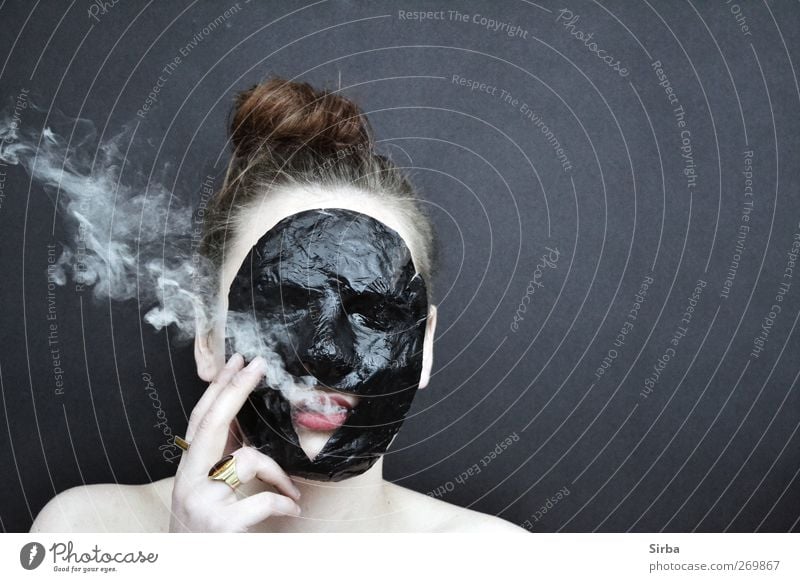 smoky masque Design Hair and hairstyles Skin Face Smoking Feminine Young woman Youth (Young adults) Head Smoke Dark Black Mask Colour photo Exterior shot