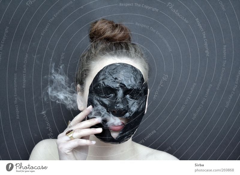 smoky mask play*2 Body Skin Face Smoking Human being Feminine Young woman Youth (Young adults) Head Hair and hairstyles Brunette Long-haired Black White Mask