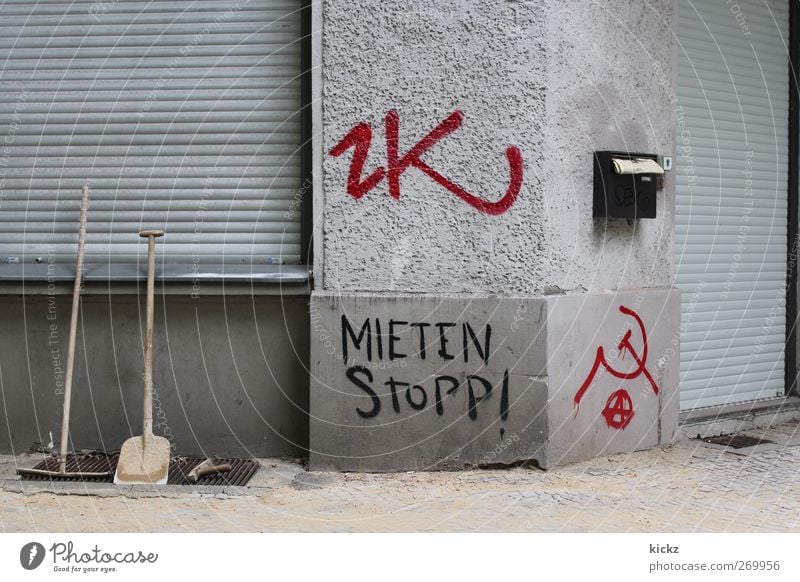 Rent Stop! Berlin Neukölln Germany Europe Town Downtown House (Residential Structure) Wall (barrier) Wall (building) Facade Door Mailbox Rebellious