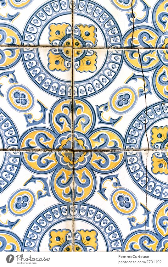 Coloured tiles in Portugal Town Tradition Pattern Tile Facade Design Structures and shapes Yellow Blue White Historic corrupted Colour photo Exterior shot Day
