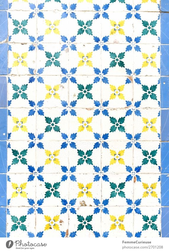 Coloured tiles in Portugal Town Design Tradition Pattern Blossom Flower Plant Flowery pattern Tile Square White Blue Yellow Green Facade Colour photo