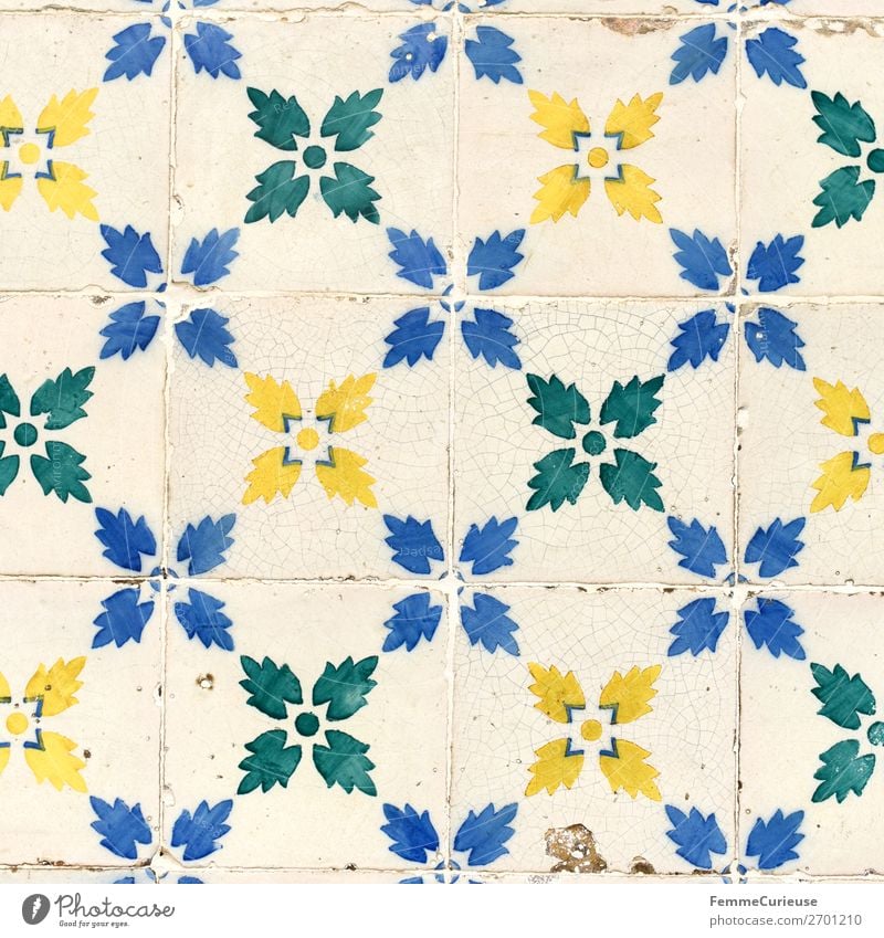 Colored wall tiles in Portugal House (Residential Structure) Blue Multicoloured Yellow Green White Tile Lisbon Pattern Blossom Square Art Colour photo