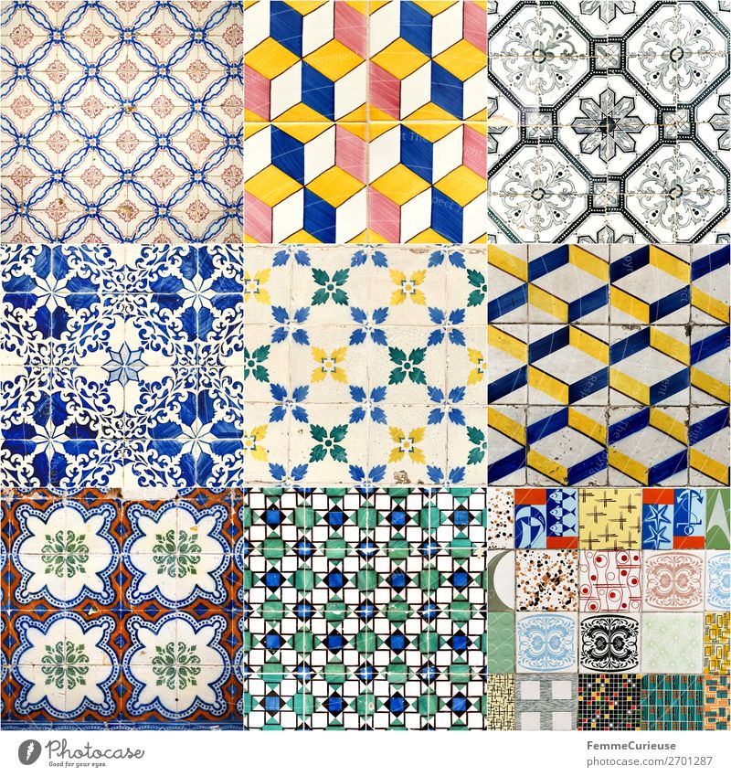 Set of colorful patterned tiles in Portugal Tile variegated eyeballed colourful Blue White Yellow Red Pink nine Collage Compilation Collection Lisbon Portuguese