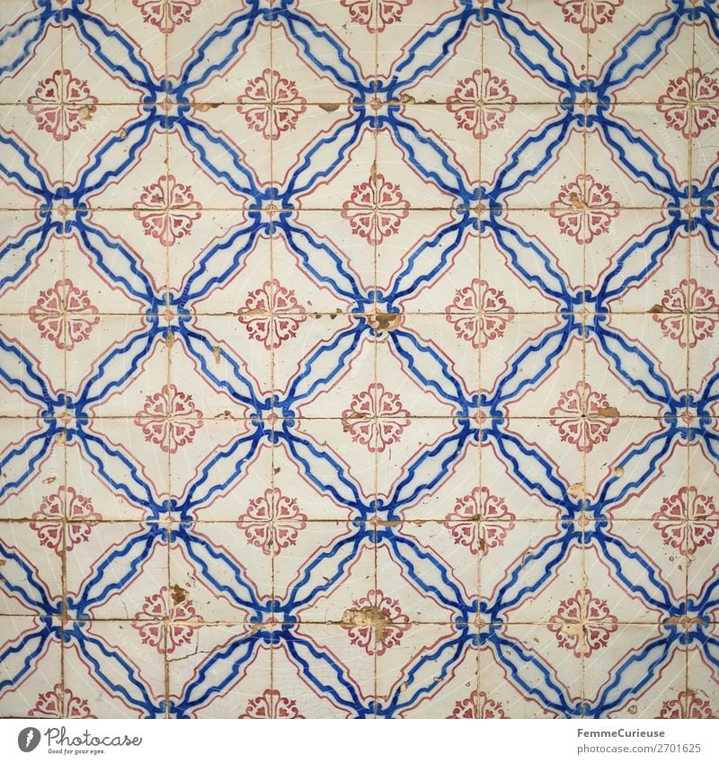 Colored wall tiles in Portugal Detached house Blue Multicoloured Red White Tile Art Colour photo Exterior shot Central perspective