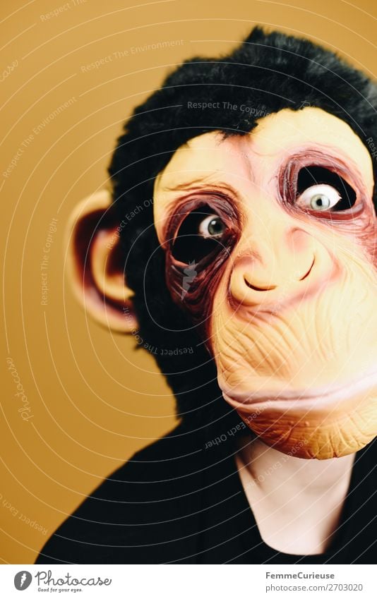 Person with monkey mask looking crazy in camera 1 Human being Animal Joy Looking Gaze Monkeys Chimpanzee Disguised Mask Anonymous Pelt Latex Yellow Evolution