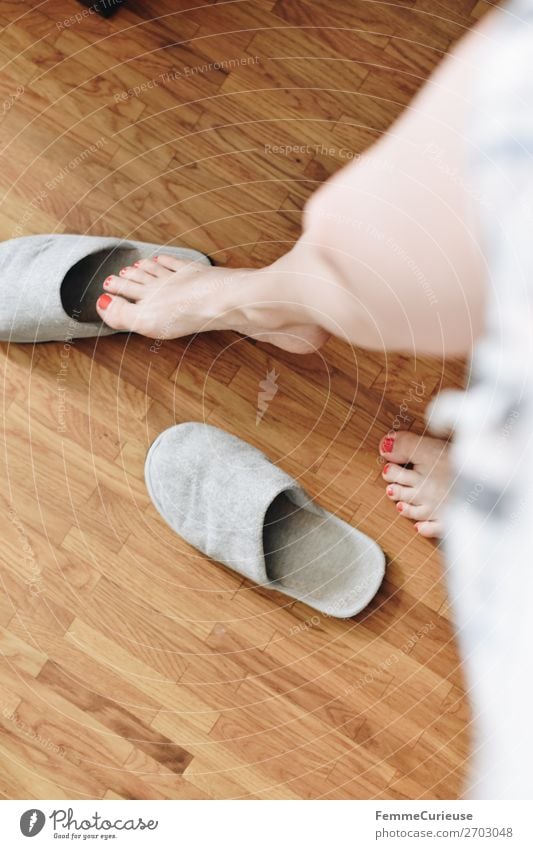 A woman's feet in slippers on parquet flooring Feminine Young woman Youth (Young adults) Woman Adults 1 Human being 18 - 30 years 30 - 45 years