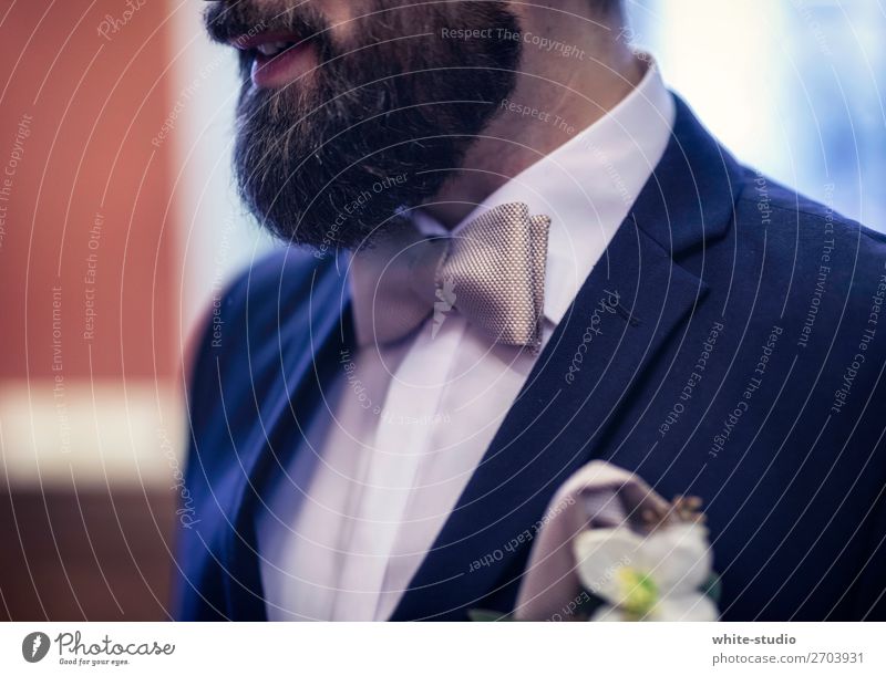 bridegroom Man Adults Love Bride groom Husband Suit Bow tie Flower Blue Dark Matrimony Facial hair Evening wear Colour photo