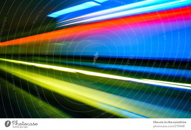swoooosh Deserted Means of transport Airport Escalator Illuminate Speed Stripe Red Yellow Blue Background picture Neon Neon strip Neon blue Neon lamp