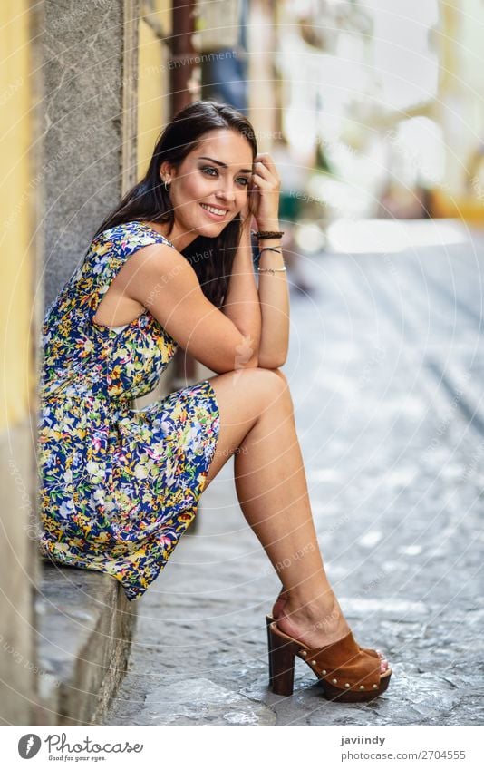 Happy young woman with blue eyes smiling sitting on urban step. Lifestyle Style Beautiful Hair and hairstyles Summer Human being Feminine Young woman