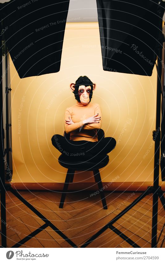 Woman with monkey mask sitting in photo studio Feminine Adults 1 Human being 18 - 30 years Youth (Young adults) 30 - 45 years Joy Humanity Disguised Evolution