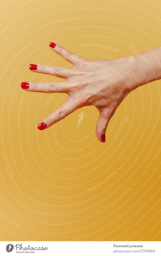 Forearm and hand with spread fingers against a yellow background Feminine 1 Human being Beautiful Nail polish Red Yellow Hand Fingers Splay hand surface