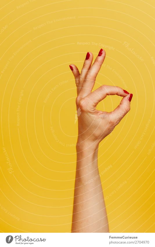 Hand signal for okay against a yellow background Feminine Woman Adults 1 Human being 18 - 30 years Youth (Young adults) 30 - 45 years Communicate Sign Gesture