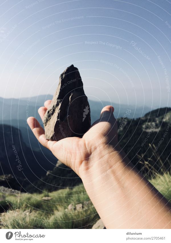 suiseki Hiking Mountain Arm Hand Fingers 1 Human being 18 - 30 years Youth (Young adults) Adults Nature Landscape Cloudless sky Horizon Alps Stone To hold on