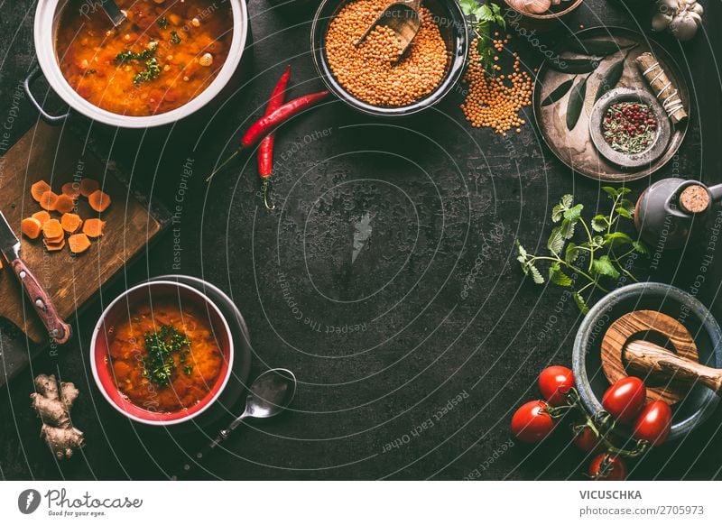Background with lentil soup and ingredients Food Soup Stew Nutrition Organic produce Vegetarian diet Diet Crockery Plate Pot Style Design Vegan diet Cooking