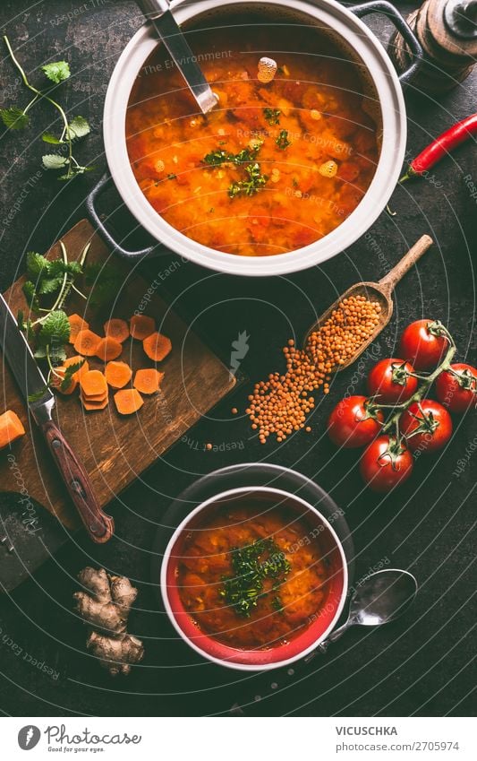 Red lentil soup in the pot and in the bowl Food Soup Stew Nutrition Lunch Dinner Organic produce Vegetarian diet Diet Crockery Bowl Pot Style Design