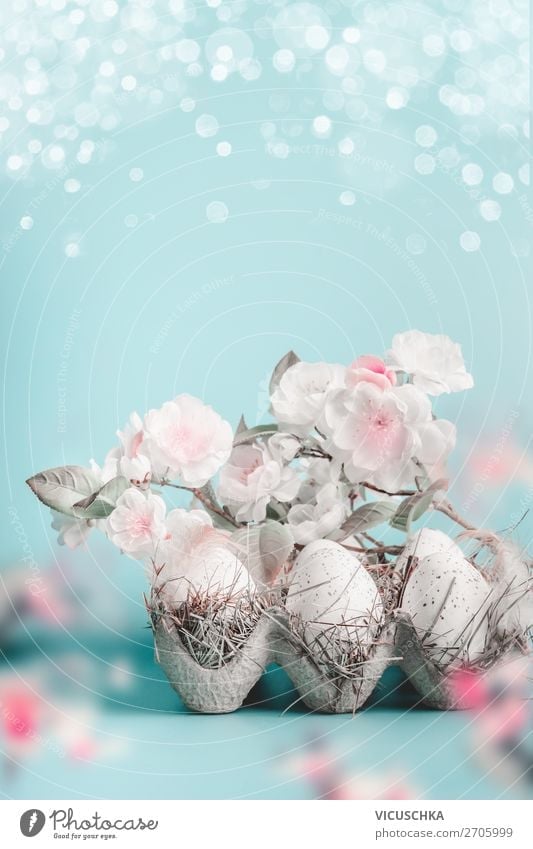 Easter background with flowers and eggs Style Design Life Feasts & Celebrations Nature Plant Spring Leaf Blossom Decoration Bouquet Pink Tradition Egg Bud
