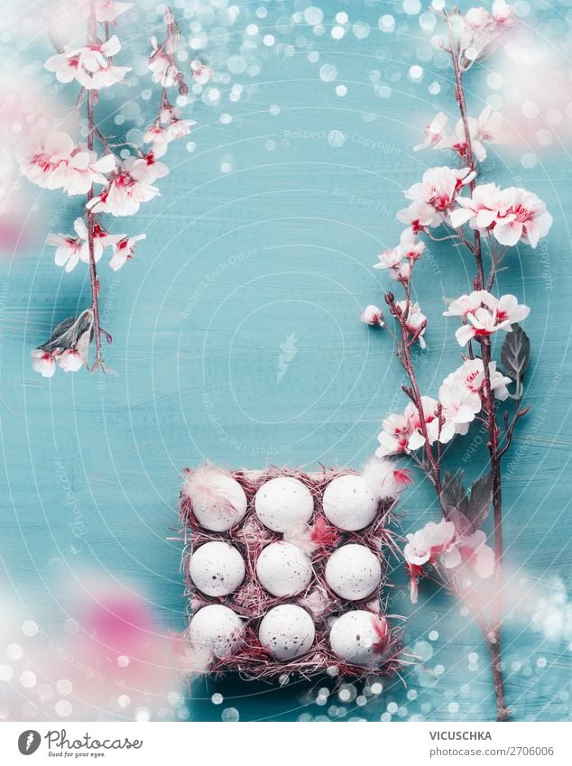 Easter background with eggs and cherry blossoms Style Design Life Feasts & Celebrations Nature Spring Decoration Bouquet Turquoise White Tradition