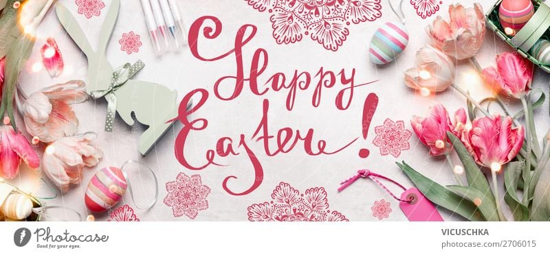 Happy Easter. Easter greeting card Style Design Decoration Feasts & Celebrations Tulip Bouquet Sign Pink Tradition happy easter Symbols and metaphors