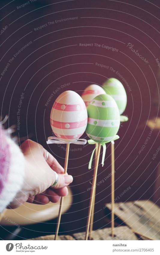 A beautiful close-up of 3 easter eggs on sticks Joy Happy Beautiful Feasts & Celebrations Easter Hand Art Artist Nature Funny Cute Colour Idea Creativity