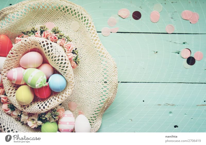 A beautiful and colorful close-up flat of easter eggs Joy Happy Beautiful Table Feasts & Celebrations Easter Nature Spring Flower Hat Wood Fresh Funny Cute