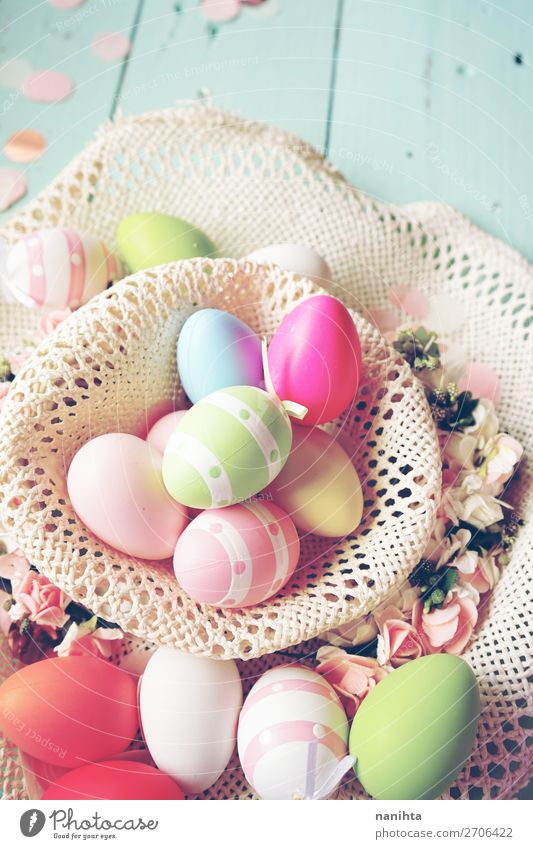 A beautiful and colorful close-up of easter eggs Joy Happy Table Feasts & Celebrations Easter Nature Wood Funny Cute Blue Colour Creativity Tradition Basket