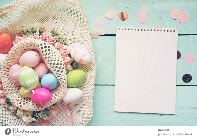 A beautiful and colorful close-up flat of easter eggs Joy Happy Beautiful Table Feasts & Celebrations Easter Nature Wood Funny Cute Blue Colour Creativity