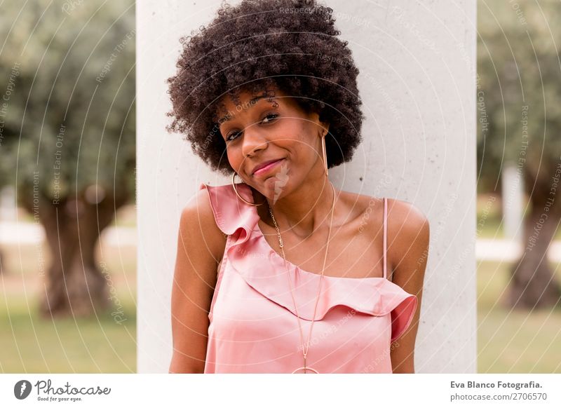 portrait of a beautiful afro american woman Lifestyle Happy Beautiful Hair and hairstyles Summer Woman Adults Landscape Park Fashion Afro Smiling Happiness Pink