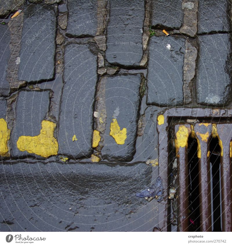 View into the abyss Street "gully paving stone mark stones Kerbstone" Old Dark Trashy Yellow Wet Rust Colour photo Exterior shot Close-up Copy Space top Day