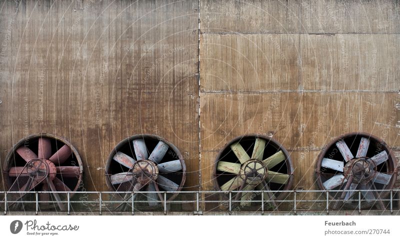 fan quartet Machinery Industry Sculpture Architecture Wind Industrial plant Factory Wall (barrier) Wall (building) Concrete Metal Steel Rust Esthetic Gigantic