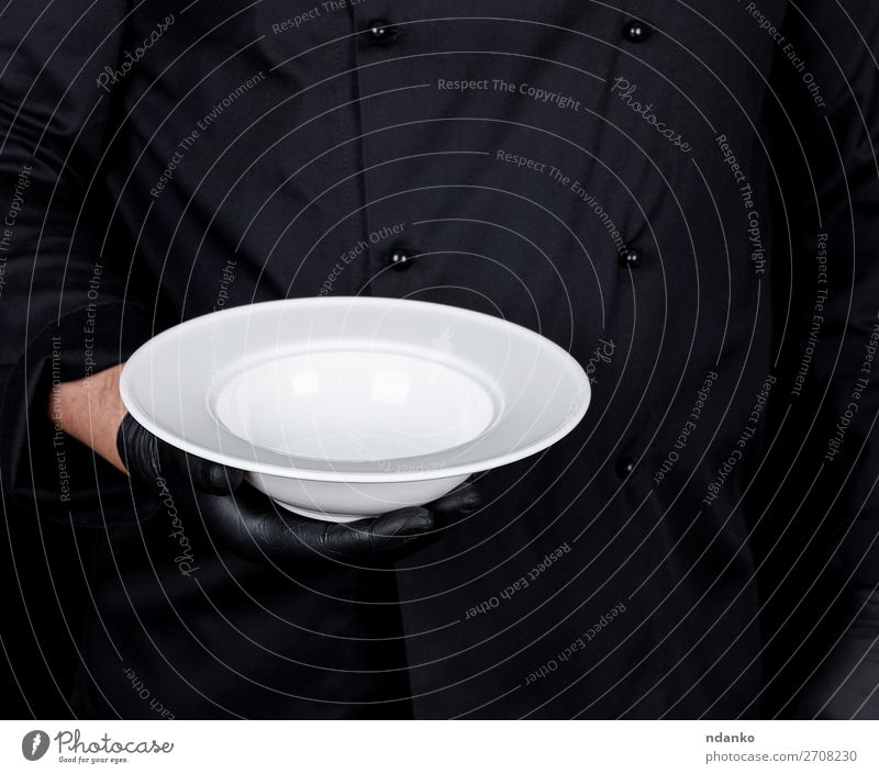 round empty white plate Soup Stew Plate Kitchen Restaurant Profession Human being Man Adults Hand Gloves Dark Black White Caucasian chef cook cooking copy