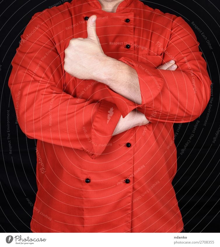 cook in red uniform crossed his arms and shows gesture like Kitchen Restaurant Profession Cook Human being Man Adults Hand Jacket Good Red chef sign Uniform