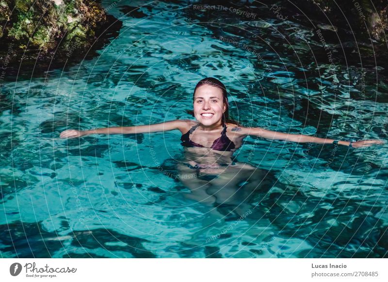 Girl at Hoyo Azul in Punta Cana, Dominican Republic Happy Vacation & Travel Tourism Summer Island Woman Adults Blonde Red-haired Smiling Happiness Blue