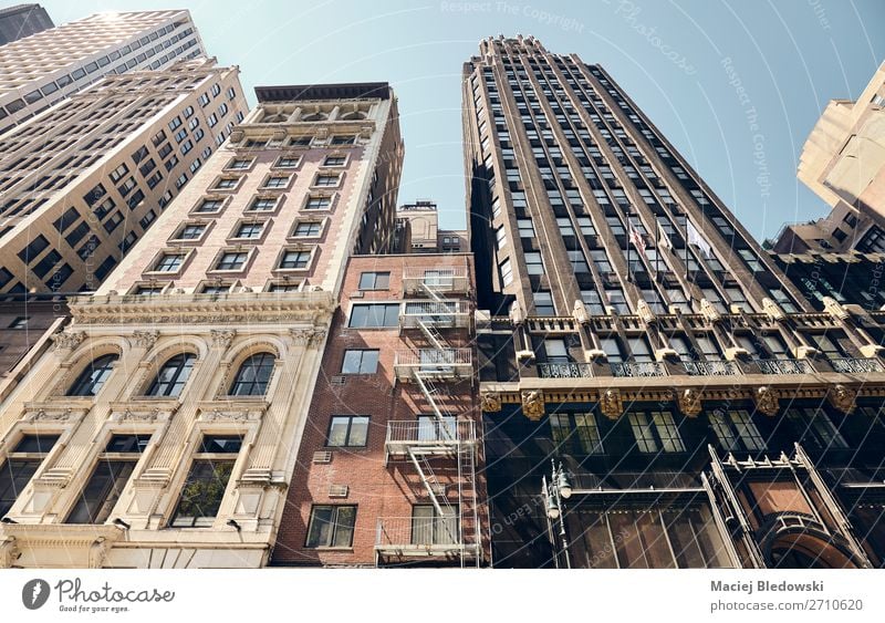 Looking up at old New York buildings, USA. Lifestyle Shopping Luxury Downtown Old town Building Architecture Facade Retro Nostalgia City Manhattan Fire ladder