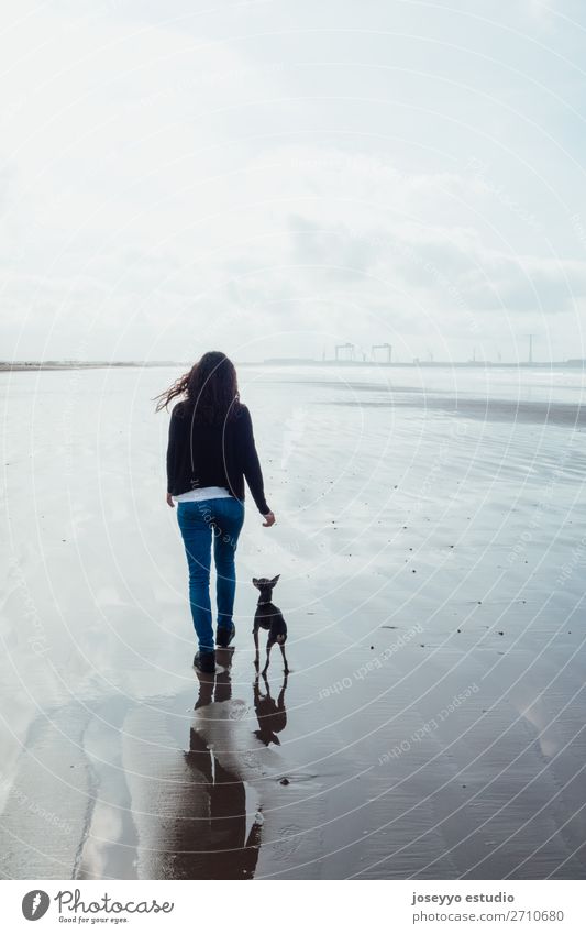 Woman and her small dog on the beach Lifestyle Relaxation Beach Winter Adults Friendship Nature Landscape Sand Horizon Bridge Jeans Brunette Dog Love Blue 1812