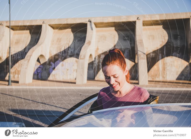 Young Red haired Woman traveling in a car Lifestyle Shopping Luxury Face Human being Body Skin Head Harbour Transport Vehicle Car Hair and hairstyles Red-haired