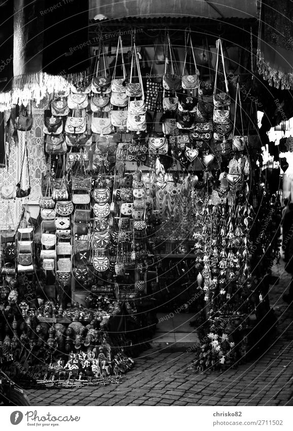 Souvenir shop in the souks of Marrakech Handcrafts Tourism City trip Town Old town Pedestrian precinct Deserted Decoration Kitsch Odds and ends Wood Glass Metal
