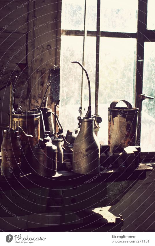 Workshop II Window Oil can Tool Chemicals Dye Services Workplace Craft (trade) Colour photo Interior shot Deserted Copy Space bottom Day Sunlight Back-light